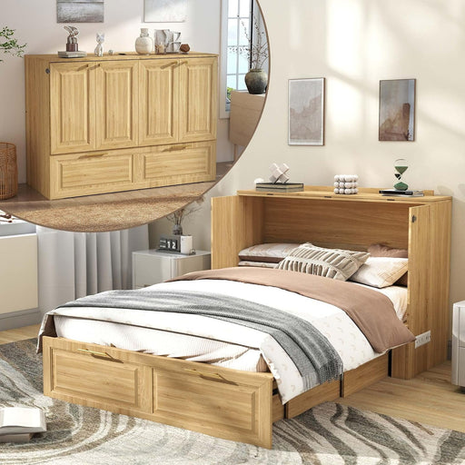 AgedOakFinish FullSize Murphy Bed Cabinet HiddenDrawer