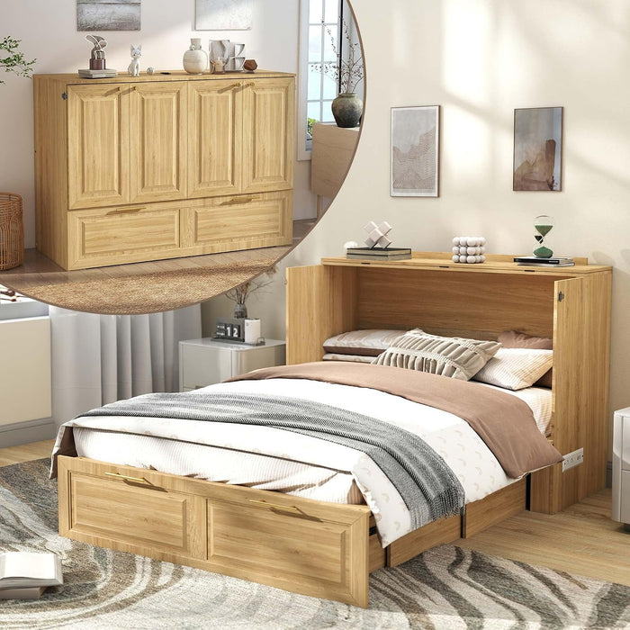 AgedOakFinish FullSize Murphy Bed Cabinet HiddenDrawer