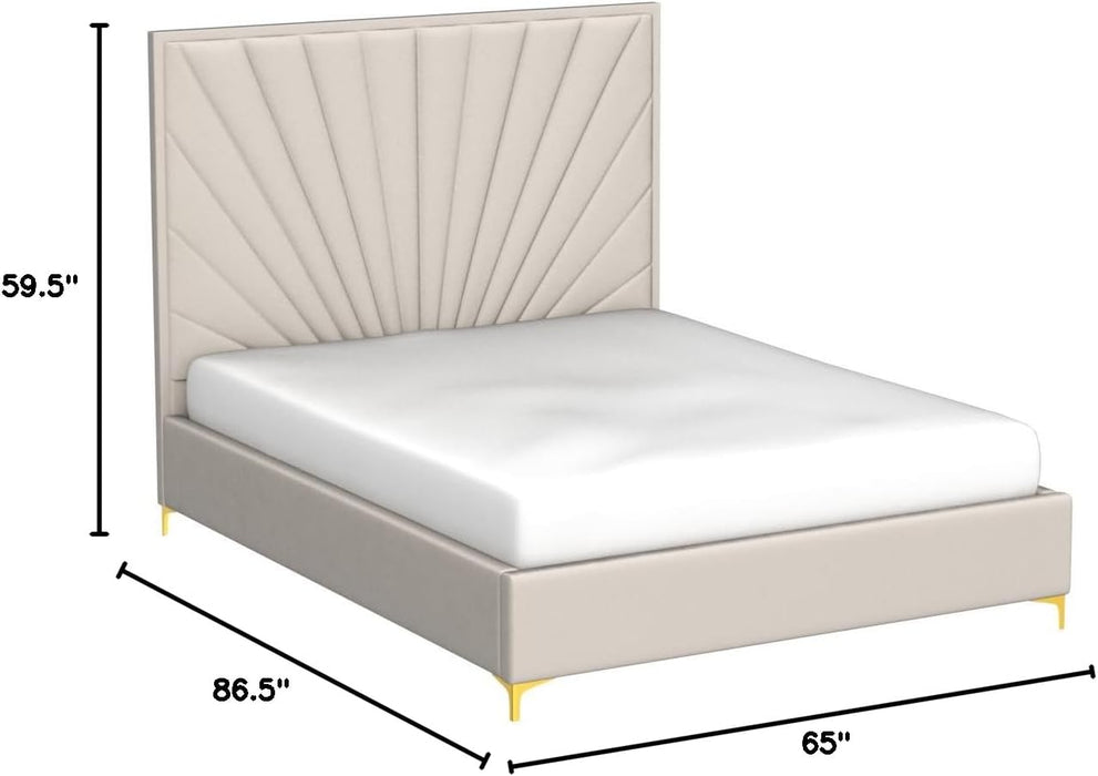 Eclipse Collection Modern | Contemporary Velvet Upholstered Bed with Channel Tufted Design and Complete Sets of Gold and Chrome Legs Included, Queen, Cream
