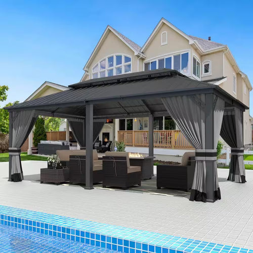 12 Ft. X 20 Ft. Gray Metal Hardtop Gazebo with Double Roof Pergola, Netting and Curtain Gray