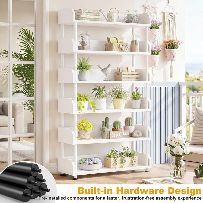 6-Tier Tall Open Bookshelf, 31.5" Modern Display Bookcase Shelf with Top Edge and Pipe Metal Frame, Industrial Standing Bookshelves Storage Rack Organizer for Living Room, Home Office, White