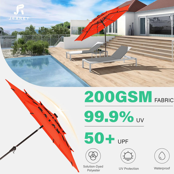 3 Tiers Patio Umbrella with Solar Lights 9Ft Outdoor Market Table Umbrellas with Push Button Tilt for outside Pool Garden, Orange