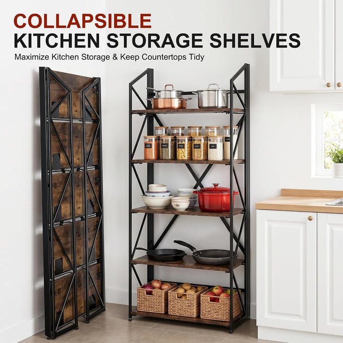 5 Tier Folding Bookshelf, No Assembly Foldable Storage Shelves, Brown