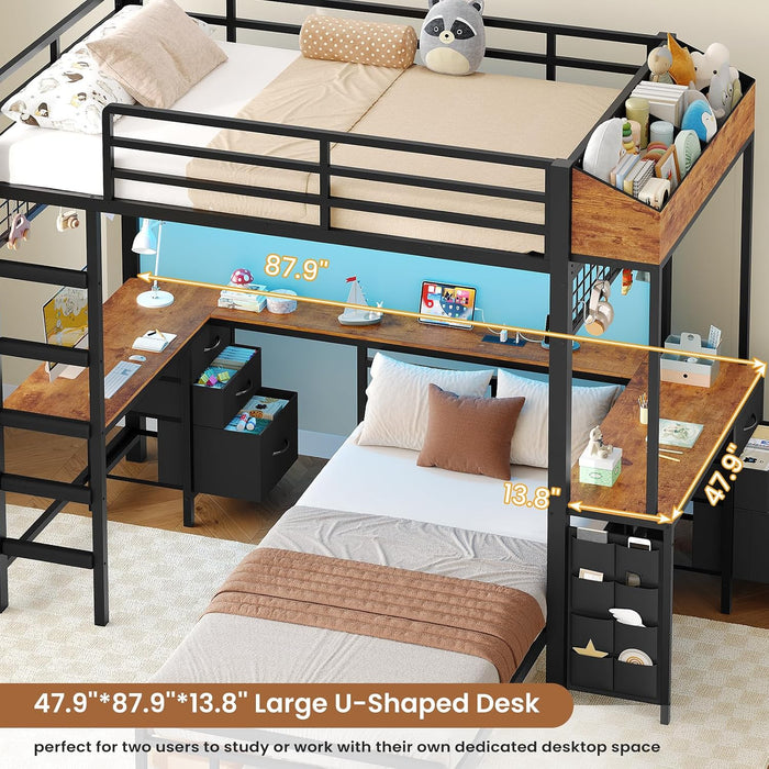 Black Industrial Twin Bunk Bed Desk BuiltInStorageDrawers