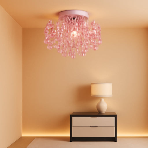 Mini Chandelier Crystal,Semi Flush Mount Pink Girl Chandelier, Small Crystal Ceiling Light Fixture Bedroom Bathroom Closet Nursery 3 Lights