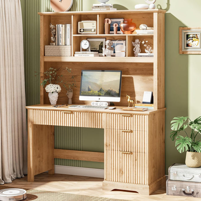 Halitaa Fluted Executive Desk with Drawers, Wood Computer Desk with Ample File Drawer, Home Office Desk with Hutch for Study, Bedroom, Living Room, Oak