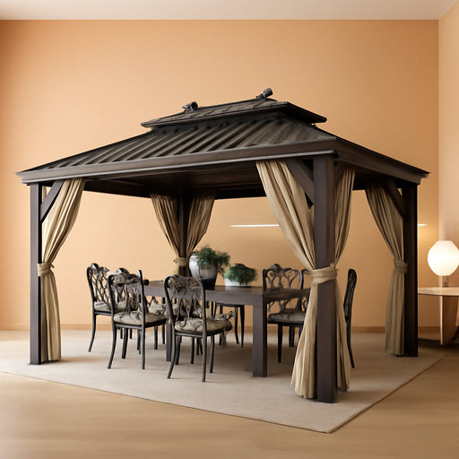 10' X 13' Hardtop Gazebo Galvanized Steel Outdoor Patio Gazebo Canopy Double Roof Pergolas Aluminum Frame with Netting and Curtains for Garden, Patio, Lawns, Parties