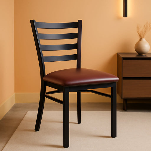 HERCULES Series Black Ladder Back Metal Restaurant Chair - Burgundy Vinyl Seat