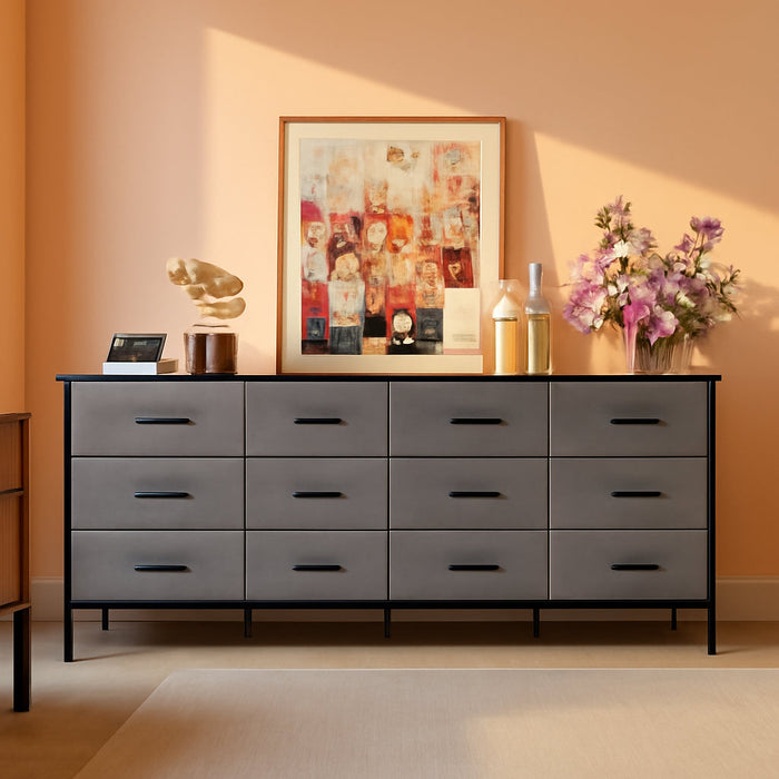 TV Stand Dresser with 12 Fabric Drawers, Large Fabric TV Consoles for Living Room & Bedroom up to 80'' Tvs, Wood Top Entertainment Center in 70.86" D X 13.77" W X 26.49" H, Grey