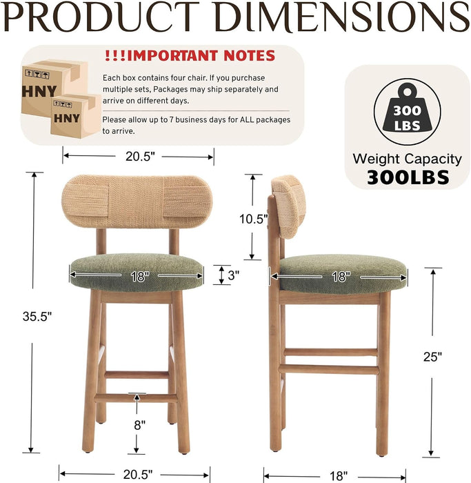 Counter Height Bar Stools Set of 2, Modern Upholstered round Counter Stools with Natural Woven Rope Back and Solid Wood Legs, Boho Barstools for Kitchen Island/Home Bar/Oatmeal - Green Chenille