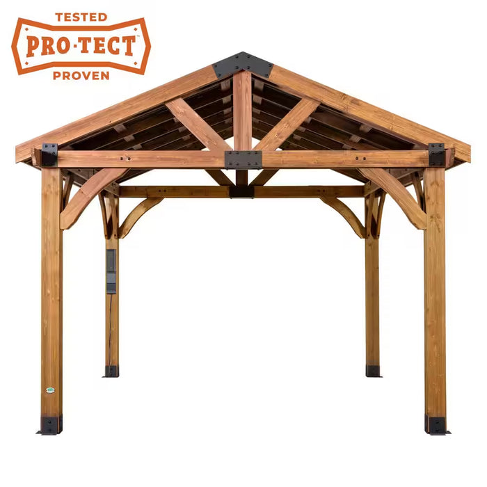 Arlington 12 Ft. X 12 Ft. All Cedar Wood Outdoor Gazebo Structure with Hard Top Steel Metal Peak Roof and Electric