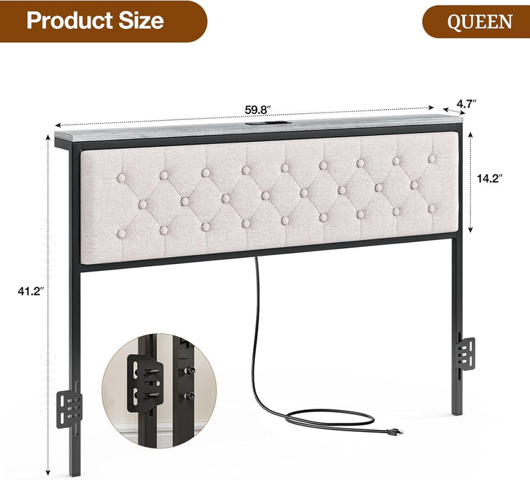 Headboard Queen Size with Storage and Charging Station, Upholstered Queen Storage Headboard Only with Bed Frame Brackets Adapter, Button Tufted Design, Easy Assembly, Beige