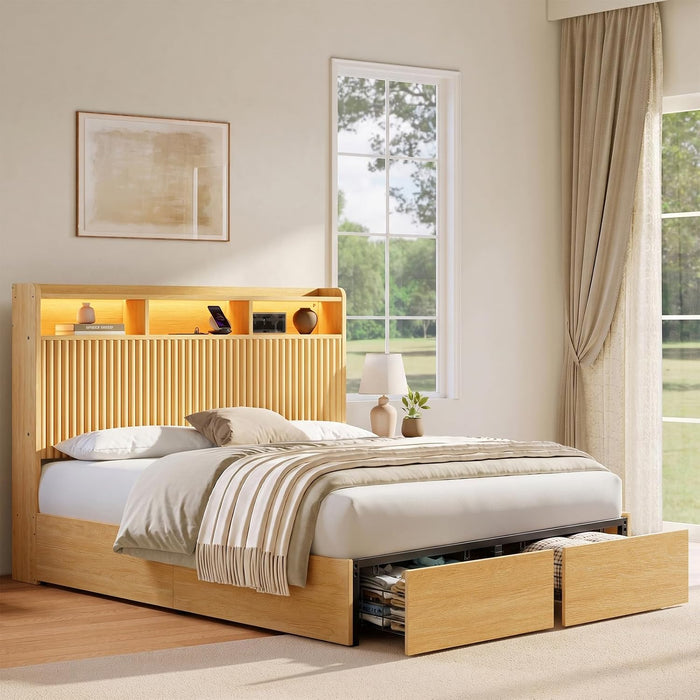 Full Size Bed Frame with Headboard and Storage Drawers, Full Platform Bed Frame with LED Lights and Charging Station, Fluted Wood Grain Design, No Box Spring Needed, Oak