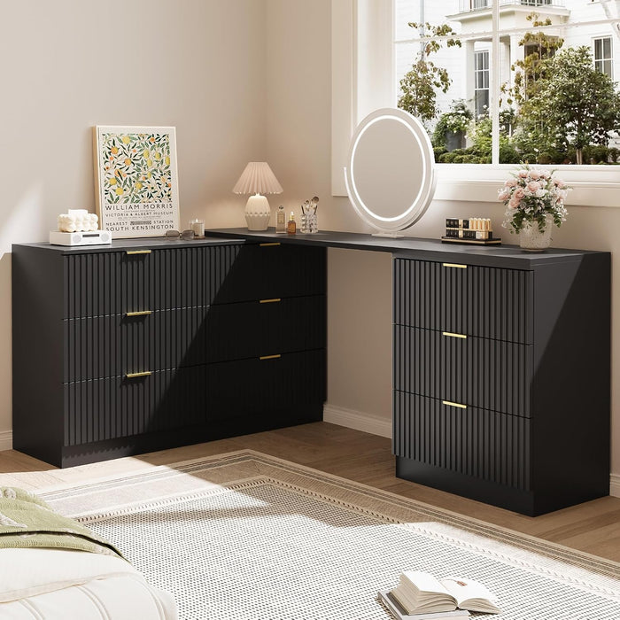 L-Shaped Rotatable 9 Drawer Dresser for Bedroom, 71" Wide Deformable Black Dresser with Gold Metal Handles, Modern Fluted Chest of Drawers for Bedroom, Living Room, Entryway, Hallway