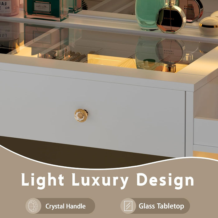 62" Large White Vanity Desk with Glass Top, Makeup Vanity with Mirror and LED Lights, One Piece Controls 3 Lighting Modes, 4 Drawers Vanity with 2 Cabinets and Power Outlet for Women, Girls