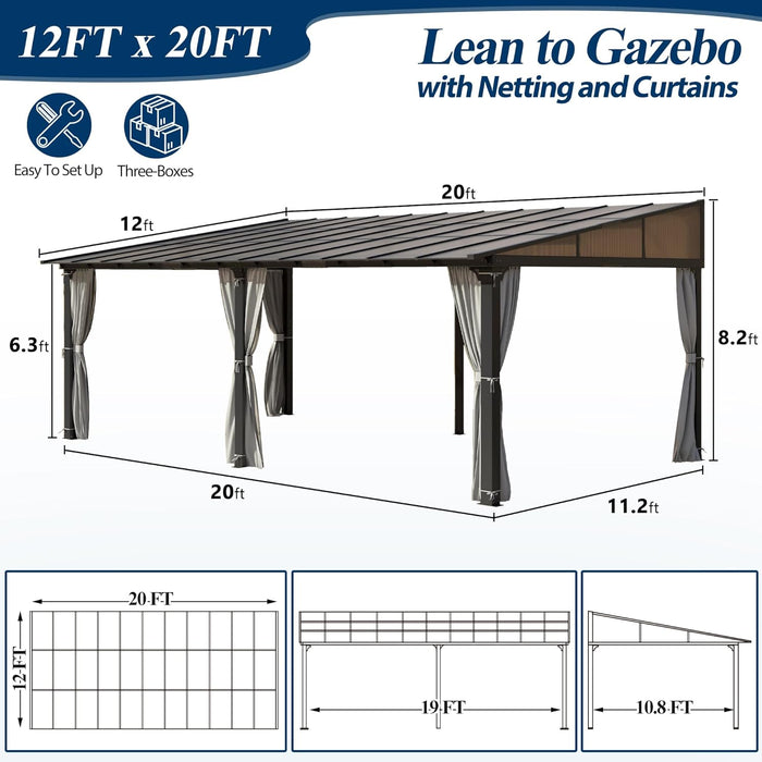 12' X 20' Outdoor Polycarbonate Lean to Gazebo - Wall-Mounted Aluminum Frame Gazebo with Slope Hardtop, Patio Heavy-Duty Lean to Pergola with Netting & Curtains for Garden, Backyard, Deck