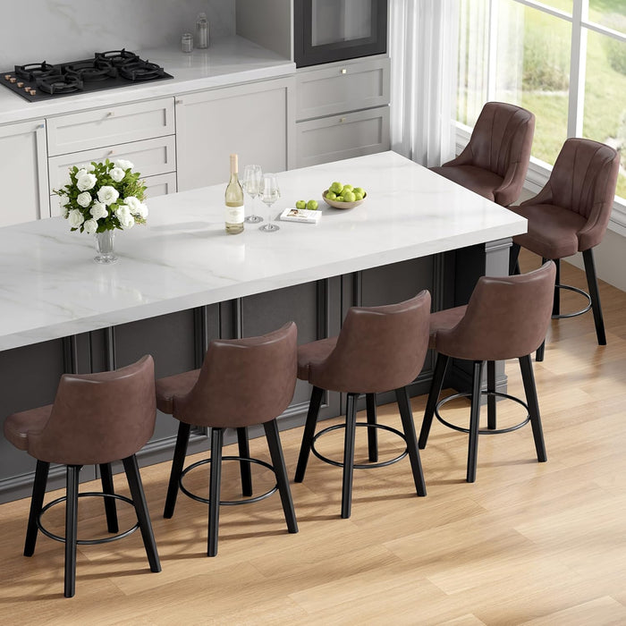 Counter Height Swivel Bar Stool, 24" Upholstered PU Leather Barstools Set of 3, Counter Stool Chair with Back & Solid Wood Legs for Kitchen Island Dining Room (Brown)