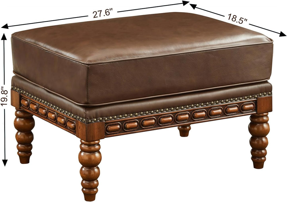 Microfiber Leather Ottoman with Wood Rome Turned Legs and Nailhead Trim, Big Footstool with Decorative Base for Bedroom, Living Room(Light Brown)