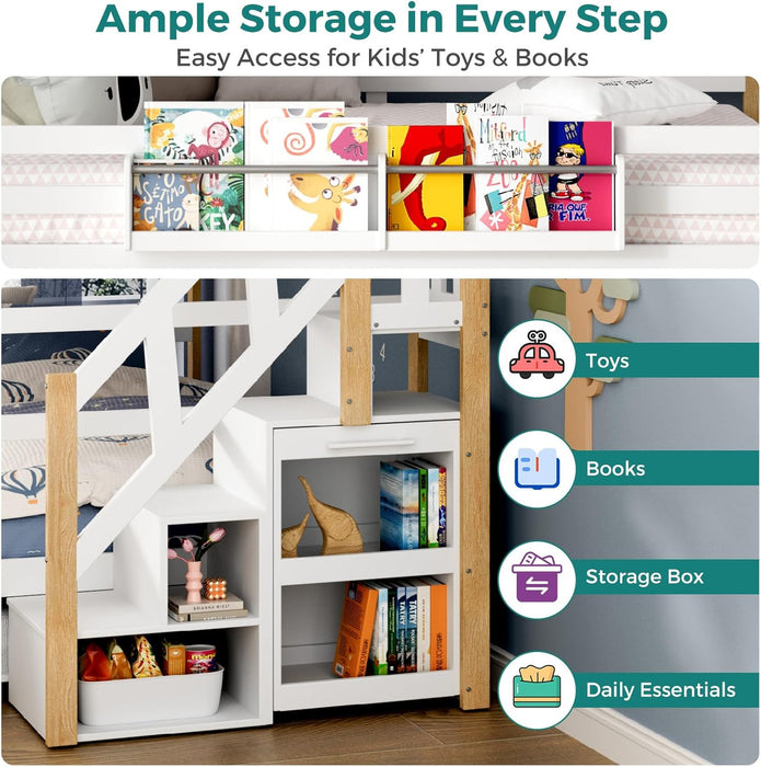 Full over Full Bunk Bed with Trundle and Storage Stairs, Solid Wood Bunk Bed with Foldable Desk, No Box Spring Needed, for Kids, Teens & Adults (White+Wood)