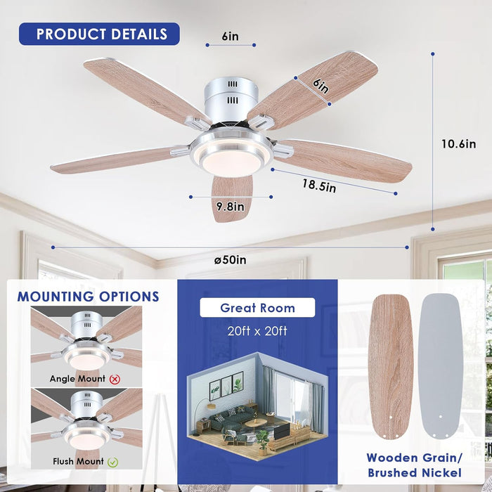 50 Inch Low Profile Ceiling Fans with Lights and Remote, Modern Brushed Nickel Flush Mount Ceiling Fan, 3CCT, Dimmable, Quiet DC Reversible Motor, for Bedroom Living Room Indoor/Outdoor Use
