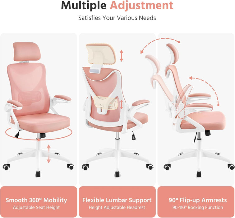 Ergonomic Office Chair, High Back Mesh Desk Chair with Flip-Up Armrests, Adjustable Headrest Computer Chair with Lumbar Support for Home Oiffce Gaming Room, White/Pink