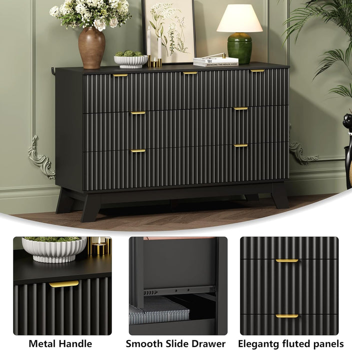 7 Drawer Fluted Dresser for Bedroom, Mid Century Modern Dresser with 7 Drawers, Dressers & Chests of Drawers with Metal Handle, TV Stand & Storage Organizer for Entryway, Hallway, Black