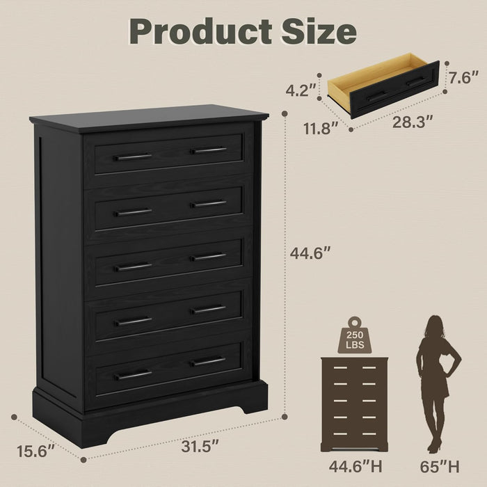 Tall Dresser for Bedroom,Farmhouse 5 Drawers Dresser, Chest of Drawer Chest, Multi-Tier Clothing Storage Cabinet, Black