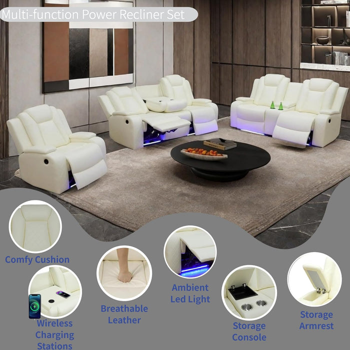 Power Recliner Set with LED Lights, Air Leather Reclining Set with USB Port/Wireless Charger/Storage Console/Cup Holder for House/Hometheater/Apt (Ivory White, Sofa Loveseat Chair)