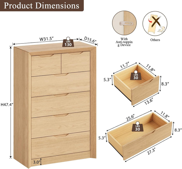 Natural 6 Drawer Dresser for Bedroom, 47.4" Tall Chest of Drawers