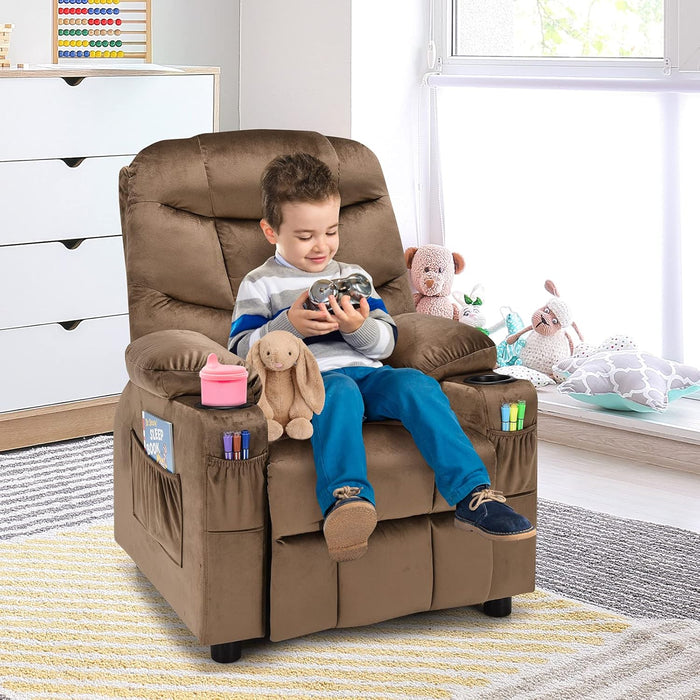 Kids Recliner Chair with Cup Holder, Adjustable Velvet Lounge Chair W/Footrest & Side Pockets for Children Boys Girls Room, Ergonomic Toddler Furniture Sofa, Kids Recliner (Brown)