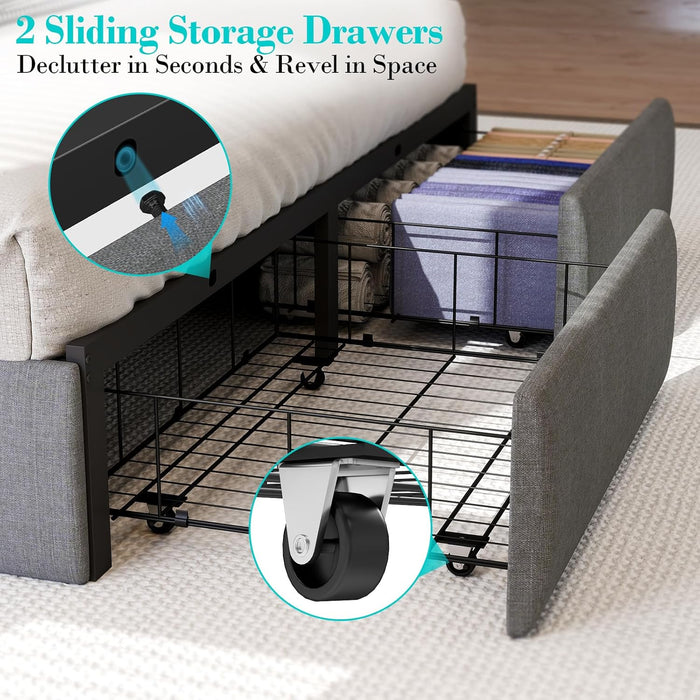 Queen Bed Frame with 2 Storage Drawers, Platform Bed Frame Queen Size with LED Light, Upholstered Headboard, Charging Station, Steel Slat Support, No Box Spring Needed, Noise-Free, Easy Assembly, Gray