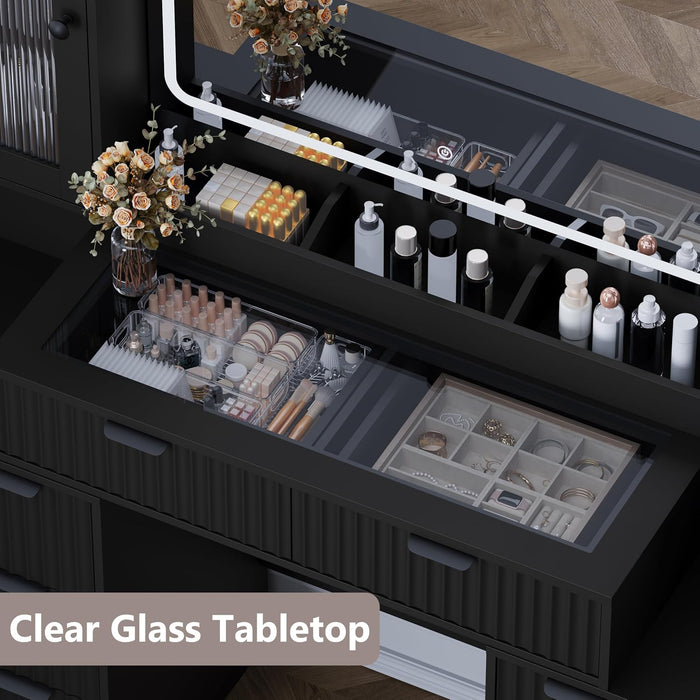 Fluted Glass Vanity Desk 55Inch Illuminated Mirror