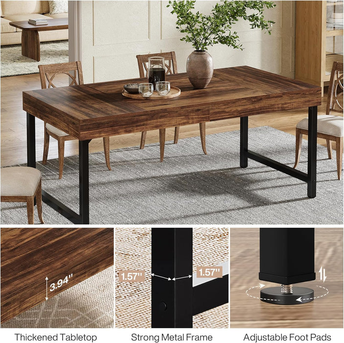 Farmhouse Dining Table for 4-6 People, 55 Inches Industrial Rectangular Kitchen Dinner Table with Heavy-Duty Metal Legs for Home, Dining Room, Small Space, Walnut