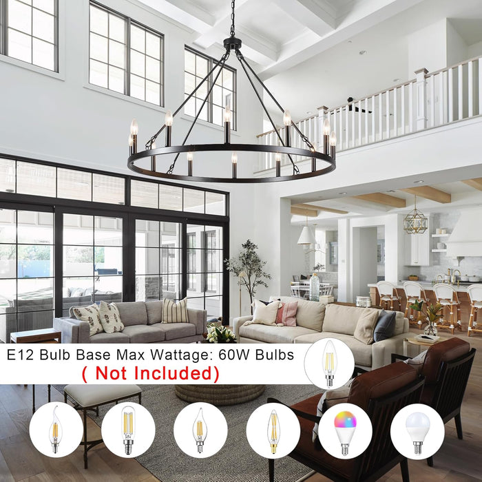 Wagon Wheel Chandelier 12 Light 38" Large Black Farmhouse Chandelier for Dining Room Rustic Country Pendant Light Fixtures Hanging Modern round Chandeliers for Living Room High Ceilings Foyer Entryway