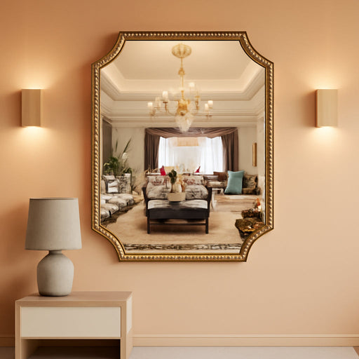 30"X40" Mirror for Wall, Full Scalloped Corners Rectangle Decorative Mirror, Metal Beaded Frame Accent Wall Decor for Bathroom, Entryway, Mantel, Antique Gold