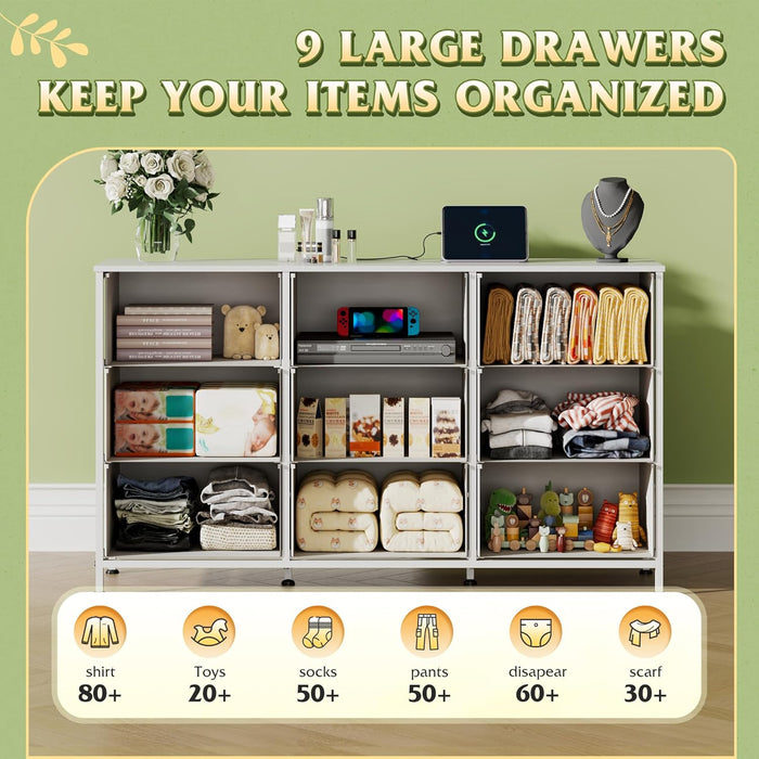47''W Dresser for Bedroom, White Dresser TV Stand for 45, 50, 55 Inch TV, Wide Chest of Drawers with 9 Drawer, Large Entertainment Center, Fabric Dressers with Wood Top for Closet, Living Room