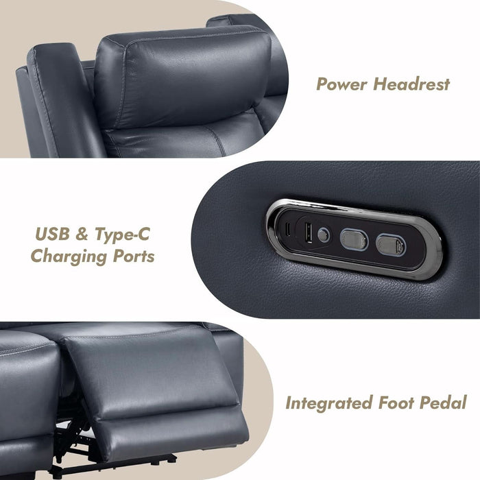 Genuine Leather Power Recliner Sofa, 3 Seater Wall Hugger Reclining Sofas with Power Headrest, USB & Typec Ports, Electric Recliner Couch Set for Living Room, Navy