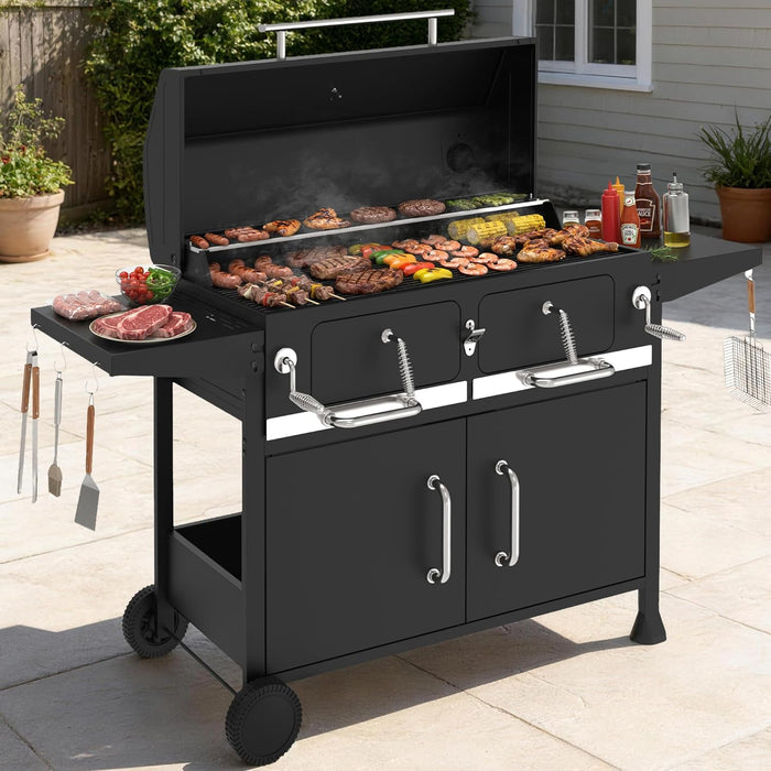 Charcoal Grills,36" Outdoor Barbecue Grill,Heavy Duty Dual-Zone BBQ Smoker Grill with 2 Lifting Charcoal Trays,Foldable Side Tables,Oversized Cooking Area for Bbq,Yard,Party,Garden
