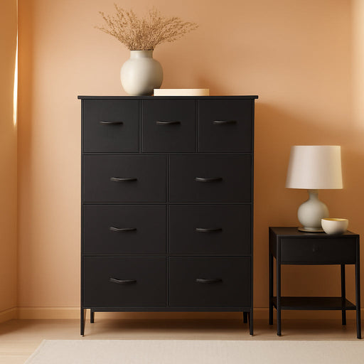 9 Drawer Dresser for Bedroom, Fabric Storage Organizer with Sturdy Metal Frame, Wooden Top Chest of Drawers for Closet Entryway Guest Room,Matte Black