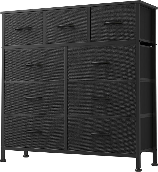 9 Drawer Dresser for Bedroom, Fabric Storage Organizer with Sturdy Metal Frame, Wooden Top Chest of Drawers for Closet Entryway Guest Room,Matte Black