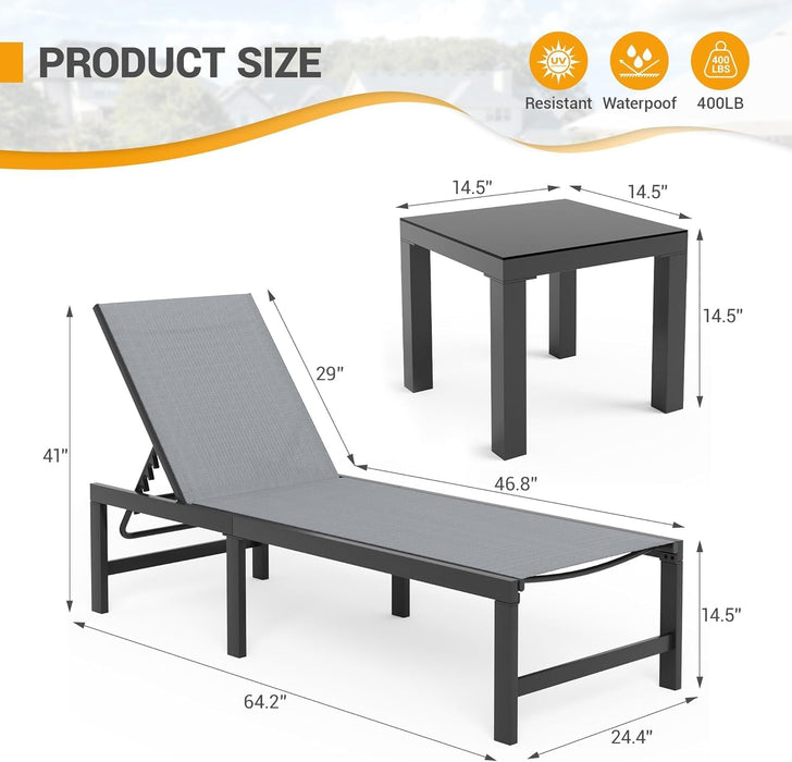 Outdoor Chaise Chairs & Table 3 Pieces Pool Lounge Chair, Adjustable Poolside Sunloungers Lay Flat Sunbathing Chaise with Backrest for Patio, Beach, Yard, Pool