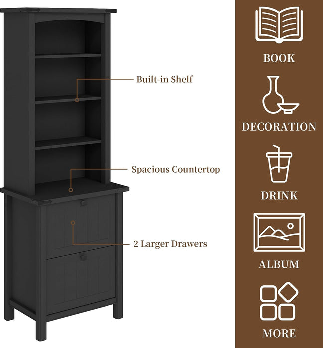 Farmhouse Lateral File Cabinet 2 Drawer and 71" Tall Bookcases Sets, 46" Filing Cabinets with Power Outlets & Storage Shelf, 3 Pcs Home Office Furniture Set, Black