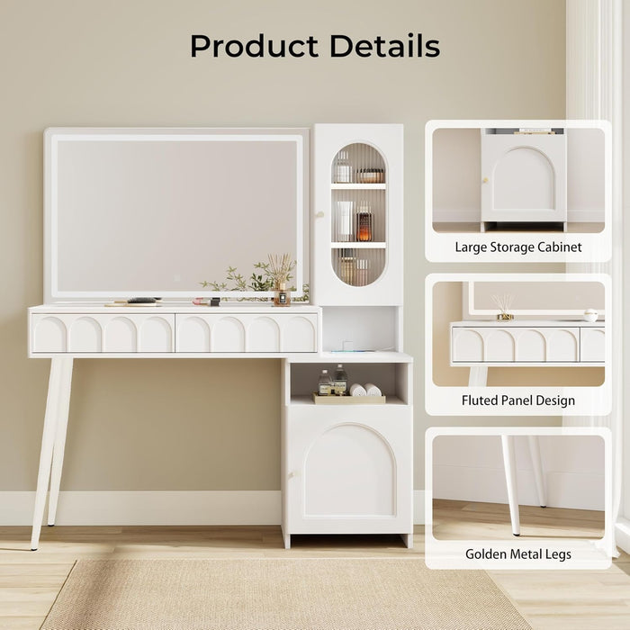 Vanity Desk with Mirror and Lights, 48'' Makeup Vanity with Arch Groove, Fluted Modern Vanity with Glass Top & Storage Cabinet, 3 Lighting Modes Adjustable Brightness for Bedroom, White