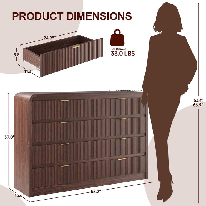 Fluted 8 Drawers Dresser for Bedroom, 55" Wide Wooden Dresser with Metal Handle, Curved Profile Design, Modern Storage Organizer for Bedroom, Living Room, Hallway, Dark Walnut