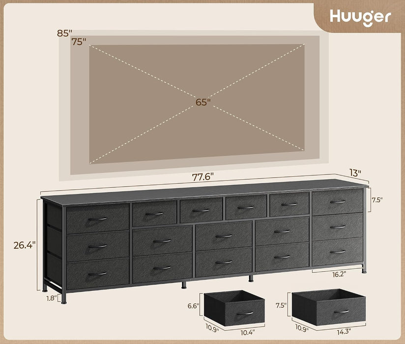 77.6" Long Dresser for Bedroom, 16 Drawer Fabric Dresser for Closet, Wide Chest of Drawers with Storage, TV Stand for 65, 75, 85 Inch TV, 77.6" W X 13" D X 26.4" H, Black