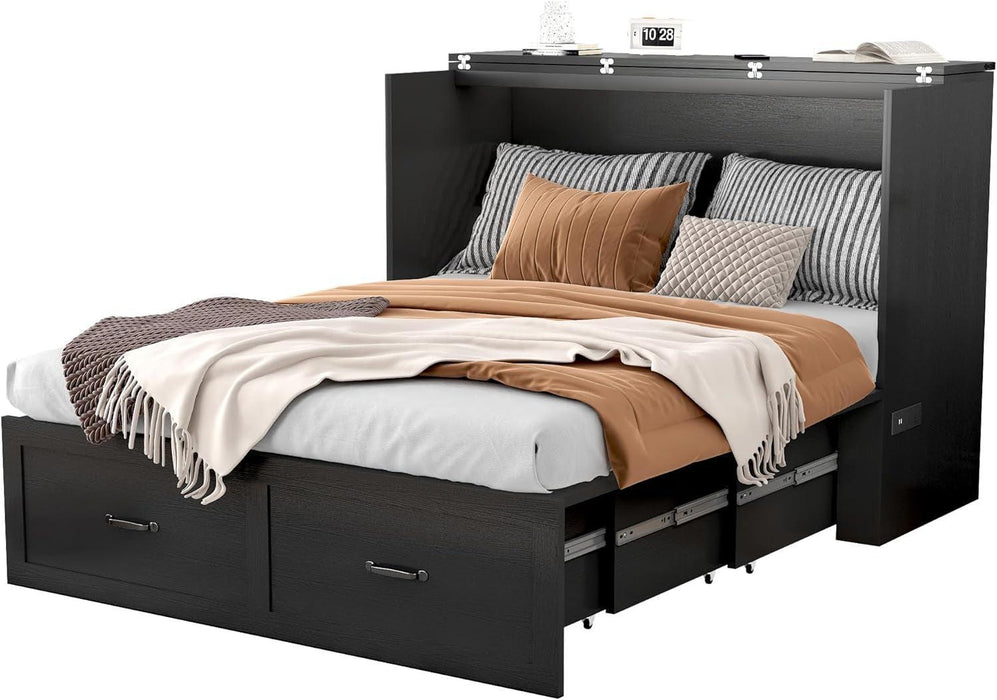 Full Size Murphy Chest Bed with Drawer and Charging Station, Farmhouse Wood Space-Saving Hidden Folding Bed Chest, Multifunctional Storage Cabinet Beds for Bedroom, Office, Black