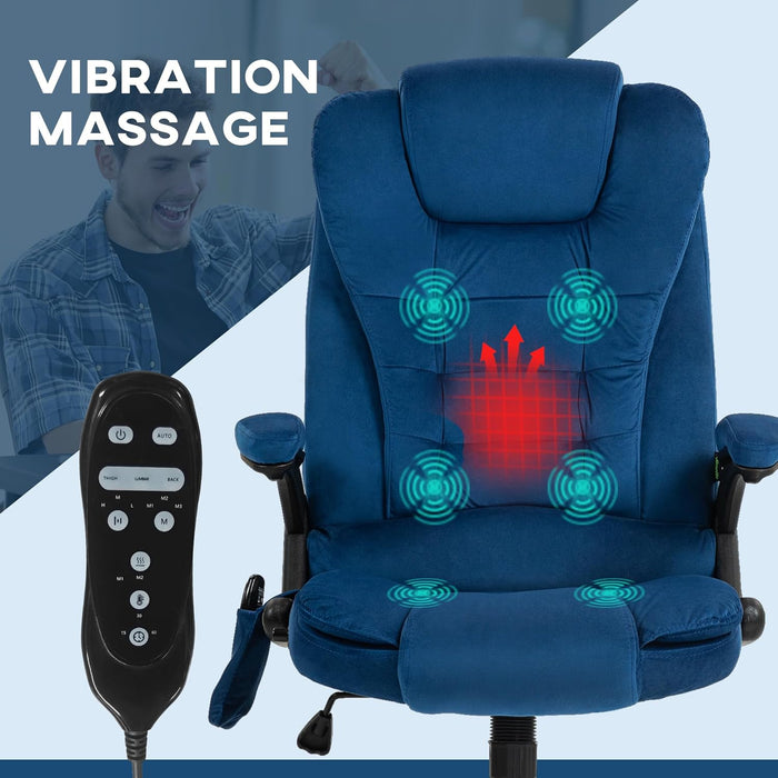 6 Point Vibrating Massage Office Chair with Heat, Velvet High Back Executive Office Chair with Reclining Backrest, Padded Armrests and Remote, Drak Blue