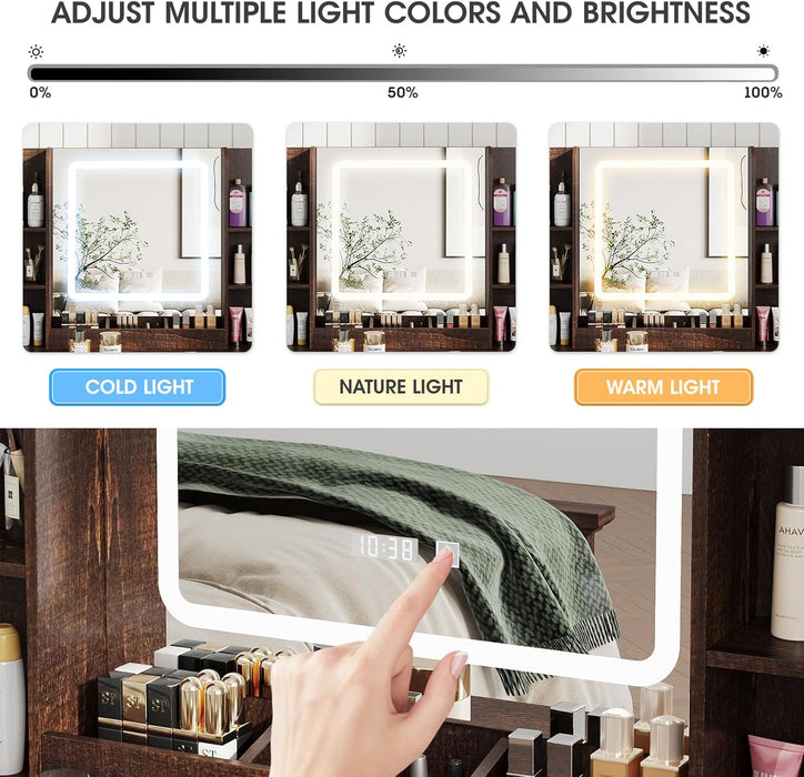 Makeup Vanity Desk, Vanity Mirror with Lights Desk and Chair,Makeup Table with 3 Large Drawers and 2 Cabinets, Time and Temperature Display, 3 LED Lighting Modes Adjustable, Brown