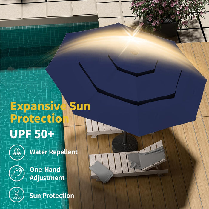 9Ft 3-Tier Patio Umbrella with Solar Lights, Table Umbrella Outdoor Patio with Easy Crank & Tilt, 8 Sturdy Ribs, UV Protection, 32 LED Lights for Deck, Poolside, Market (Navy Blue)