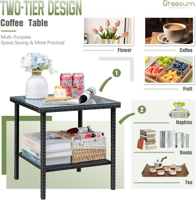 3 Pieces Patio Furniture Set Outdoor Wicker Rocking Chairs with Glass Coffee Table for Garden Backyard Porch Poolside, Beige